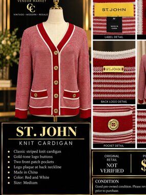 St. John Red White Striped Knit Cardigan Gold Logo Buttons Size M